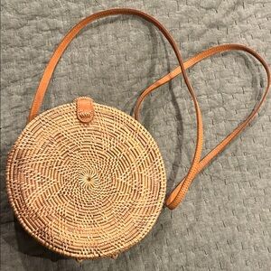 Round Woven Tan Crossbody Bag